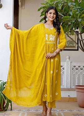 Yellow Cotton Embroidered Printed Straight Pant Suit