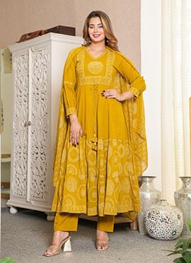 Yellow Cotton Embroidered Printed Straight Pant Suit