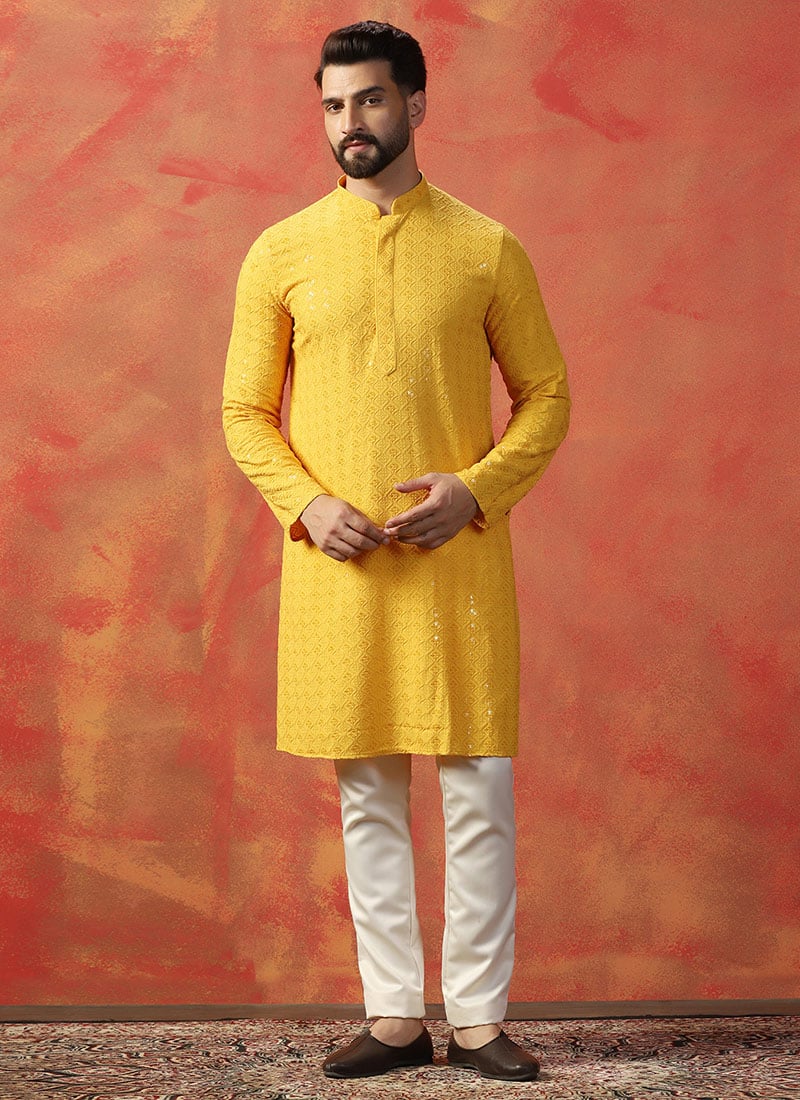 Yellow Cotton Embroidered Sequins Kurta Pyjama For Men Festive Wear