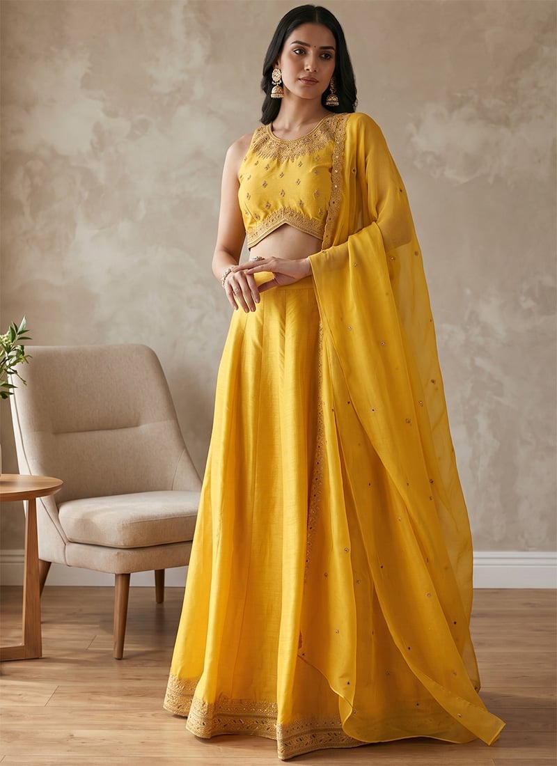 Yellow Cotton Embroidered Sequins Lehenga After Six Wear