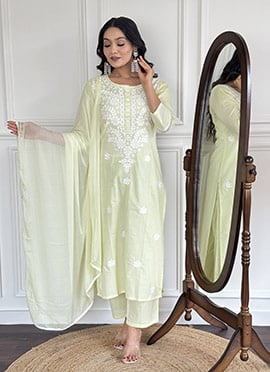 Pista Green Cotton Embroidered Straight Pant Suit