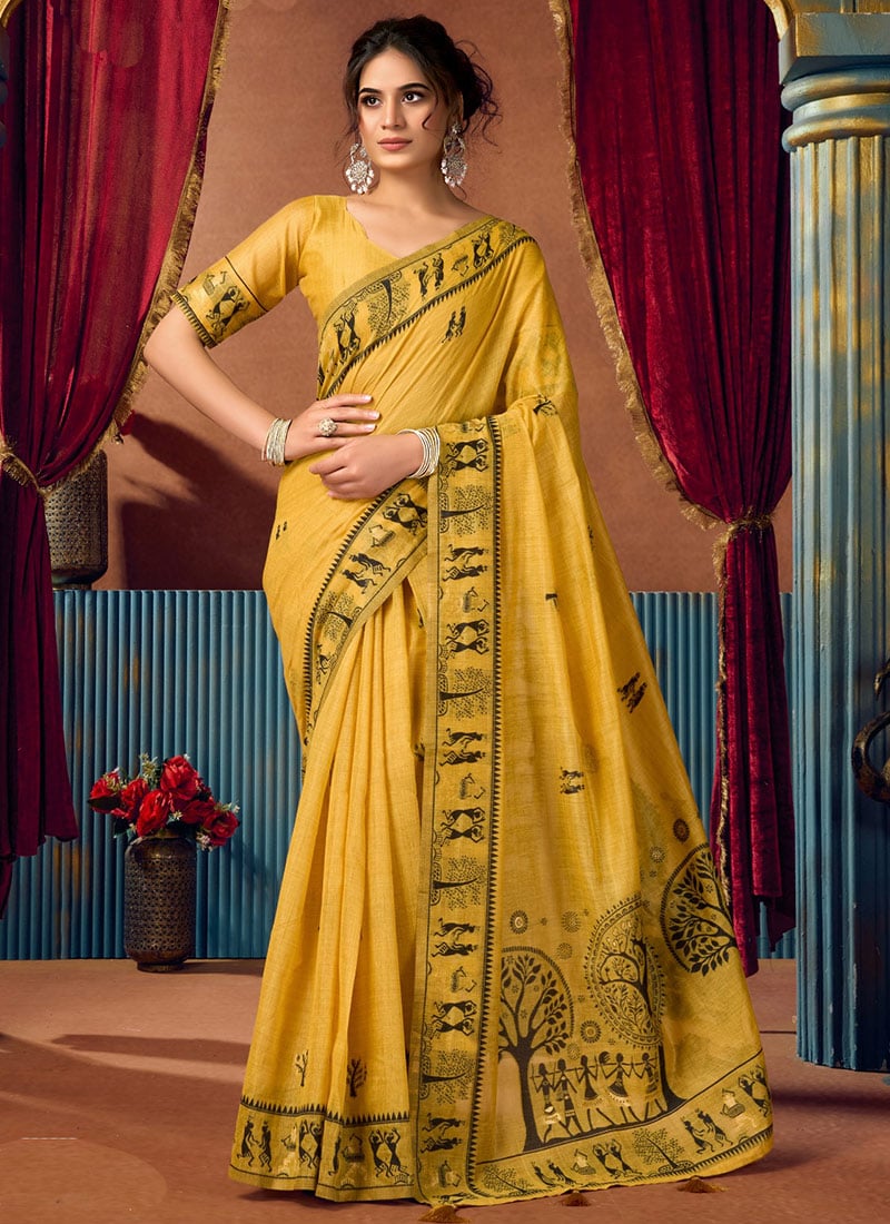 Yellow Cotton Foil Print Saree After Six Wear