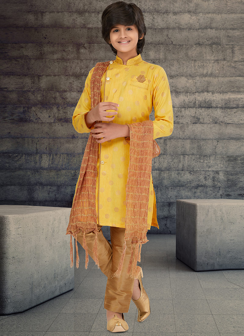 Yellow Cotton Kids Boys Indowestern Sherwani