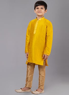 Yellow Cotton Kids Kurta Pyjama