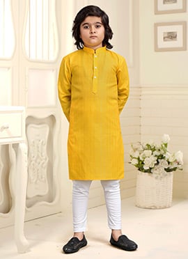 Yellow Cotton Kids Kurta Pyjama Set With Subtle Zari Detailing