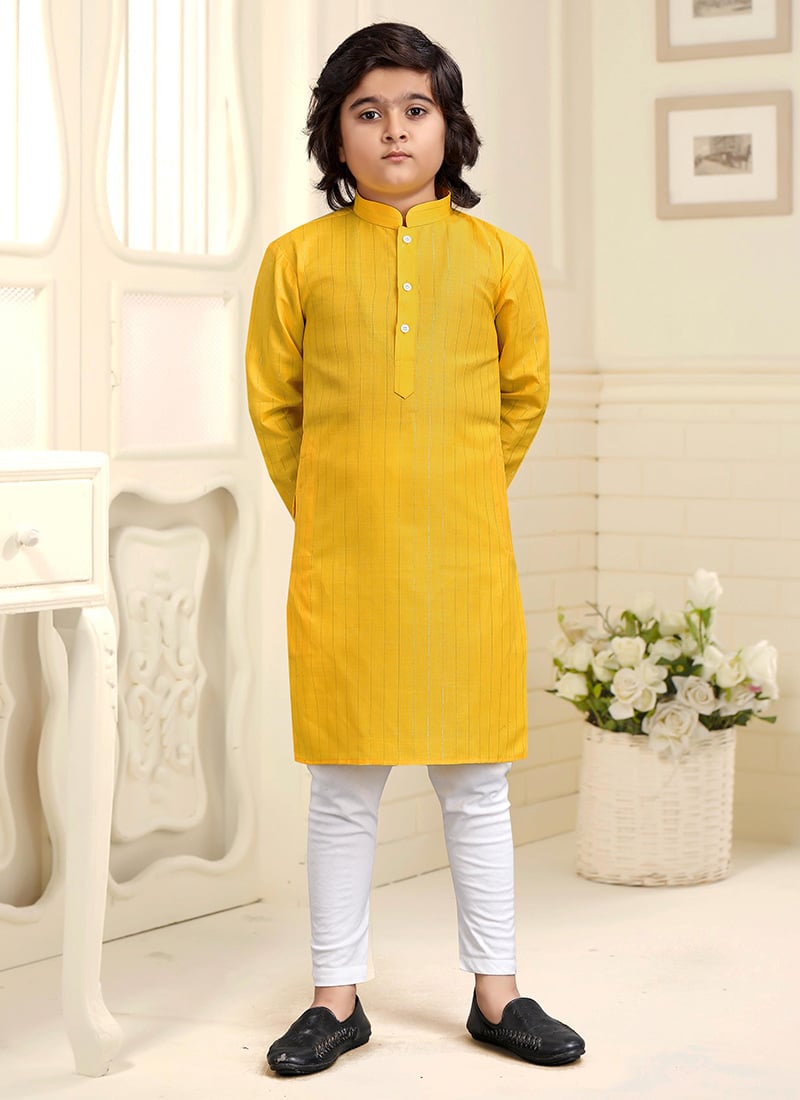Yellow Cotton Kids Kurta Pyjama Set With Subtle Zari Detailing Festive Wear