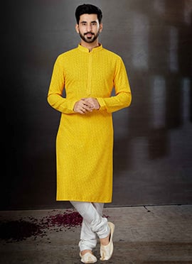 Yellow Cotton Lucknowi Embroidery Kurta Pyjama