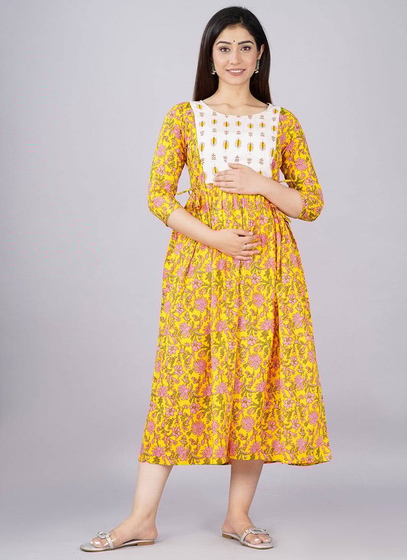 Yellow Cotton Printed Dress After Six Wear