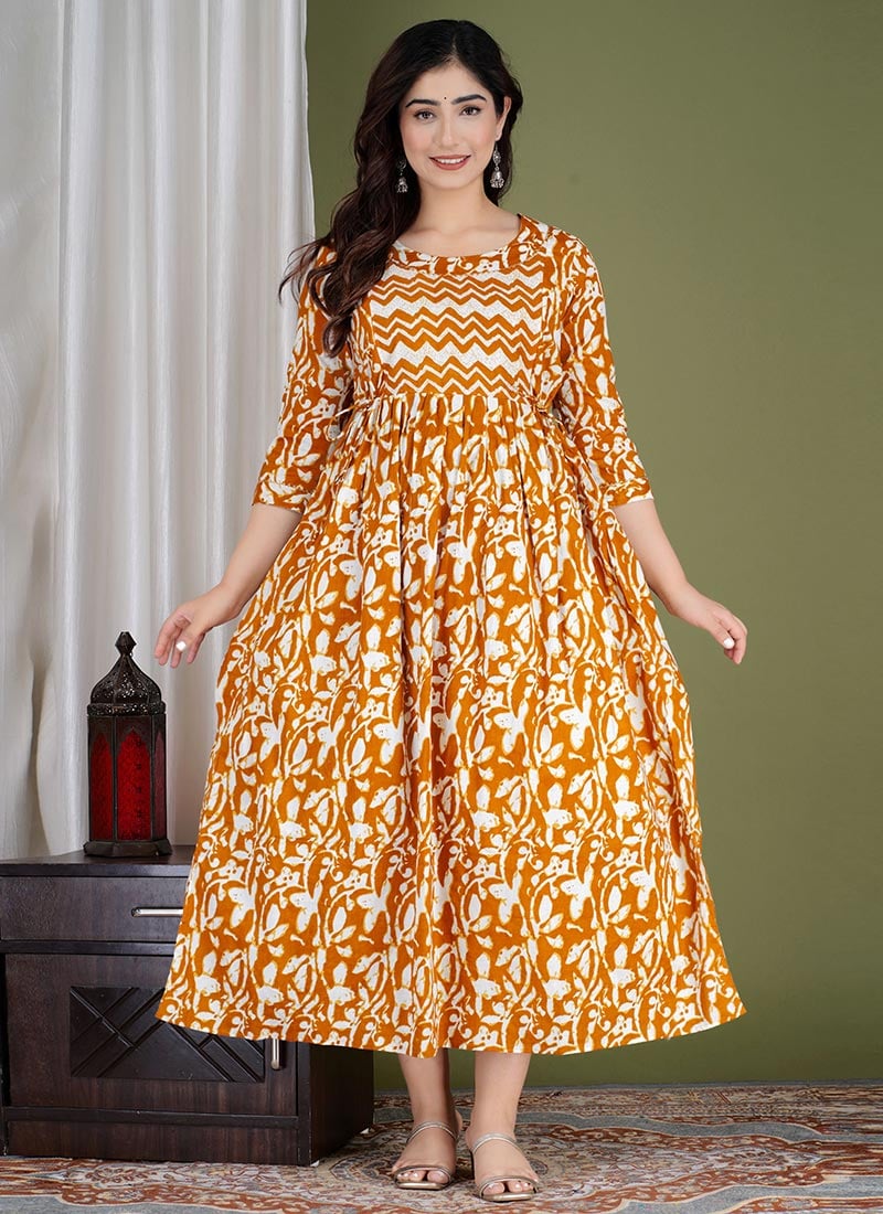 Yellow Cotton Printed Dress After Six Wear
