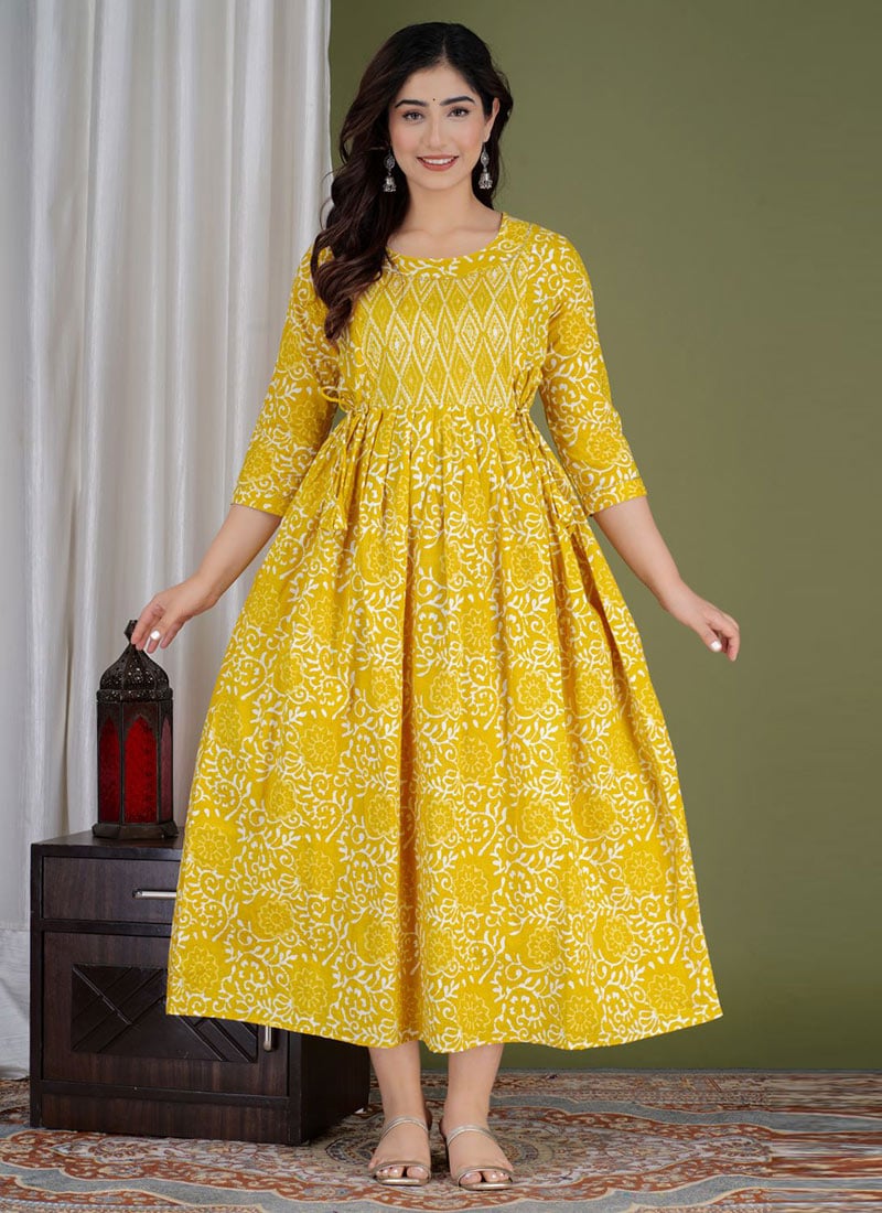 Yellow Cotton Printed Dress After Six Wear