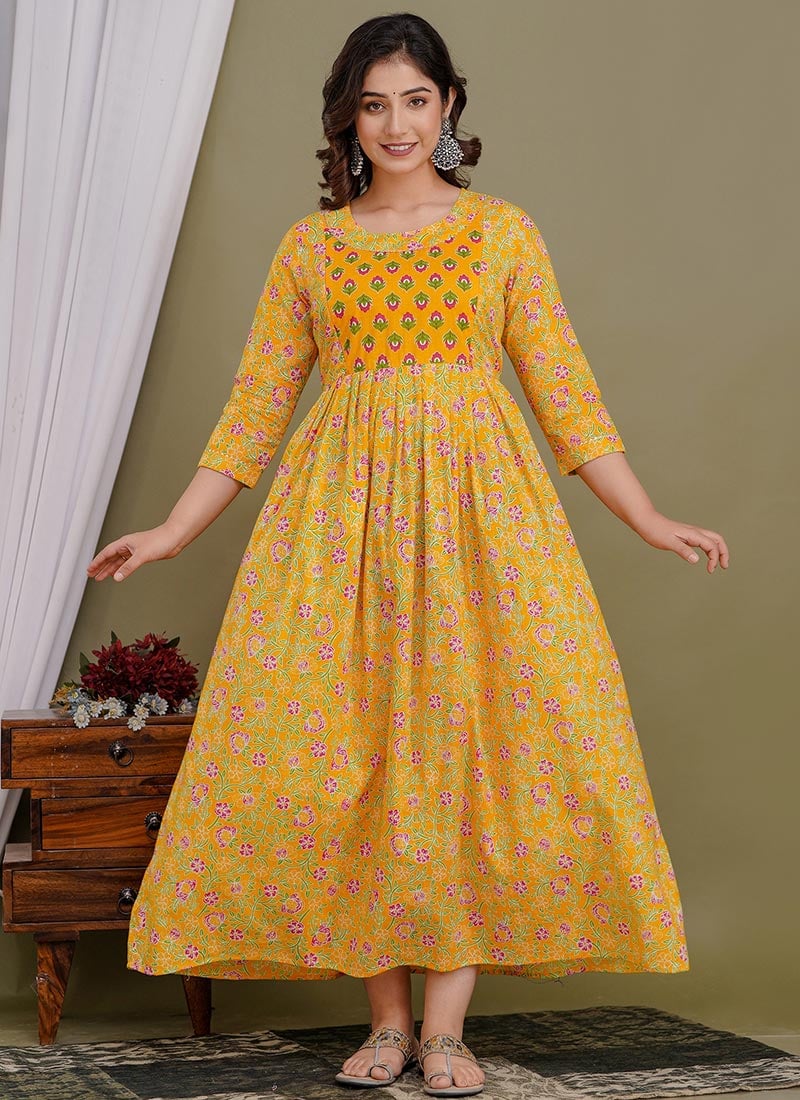 Yellow Cotton Printed Dress