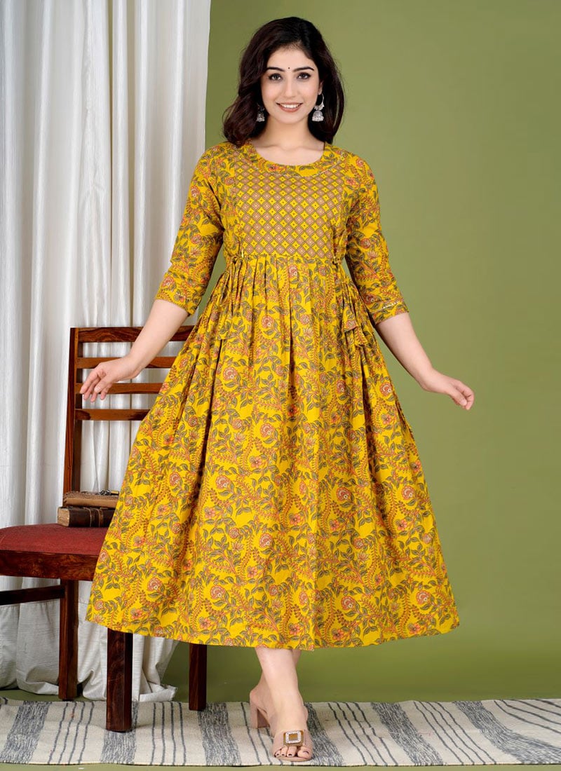 Yellow Cotton Printed Dress After Six Wear