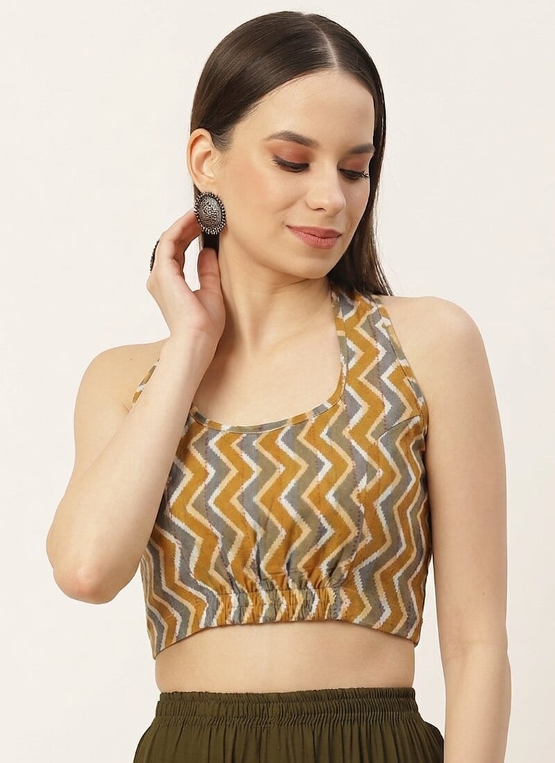 Yellow Cotton Printed Elegant Halter Neck Blouse Work Wear