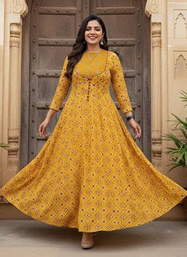 Yellow Cotton Printed Gown