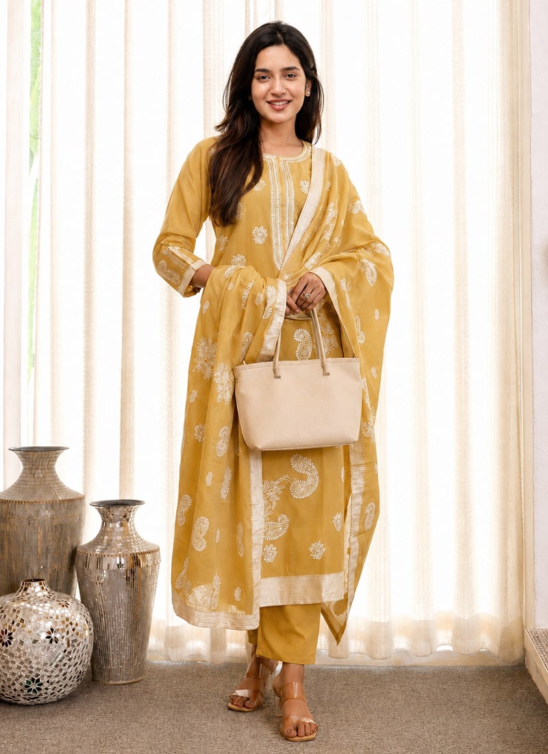 Yellow Cotton Printed Graceful Straight Pant Suit Work Wear