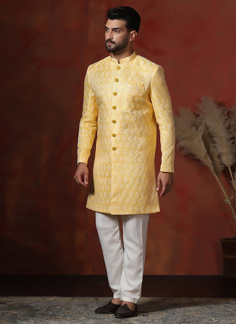 Yellow Cotton Printed Indowestern Sherwani Set Wedding Wear