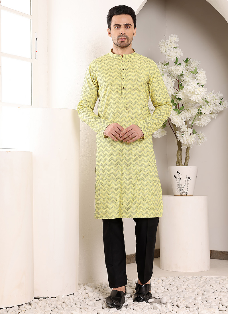 Yellow Cotton Printed Kurta For Men