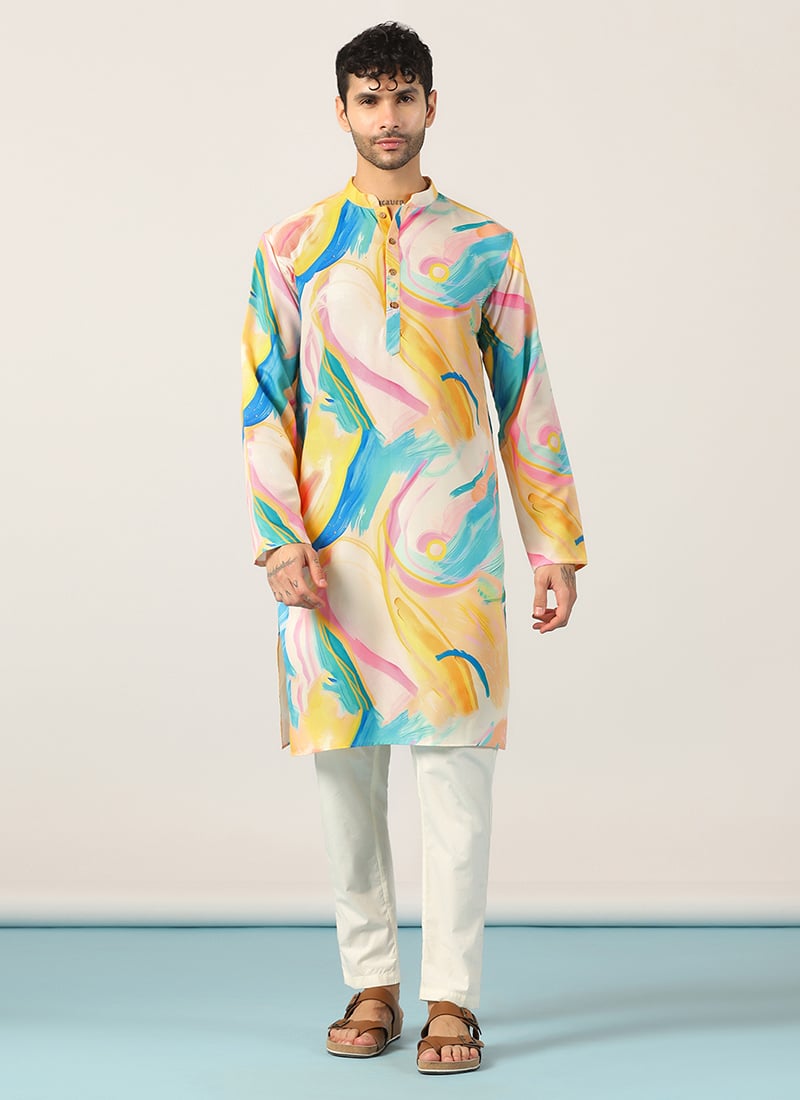 Yellow Cotton Printed Kurta Pyjama For Men Festive Wear