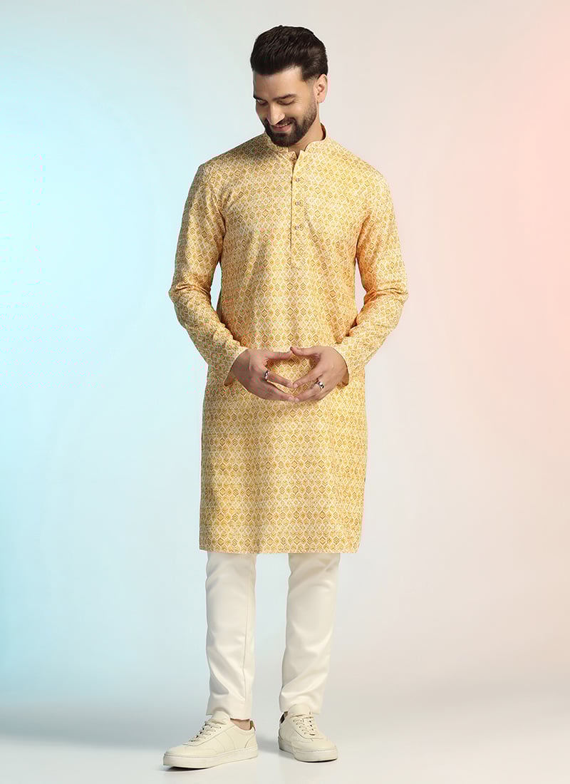 Yellow Cotton Printed Kurta Pyjama For Men Festive Wear