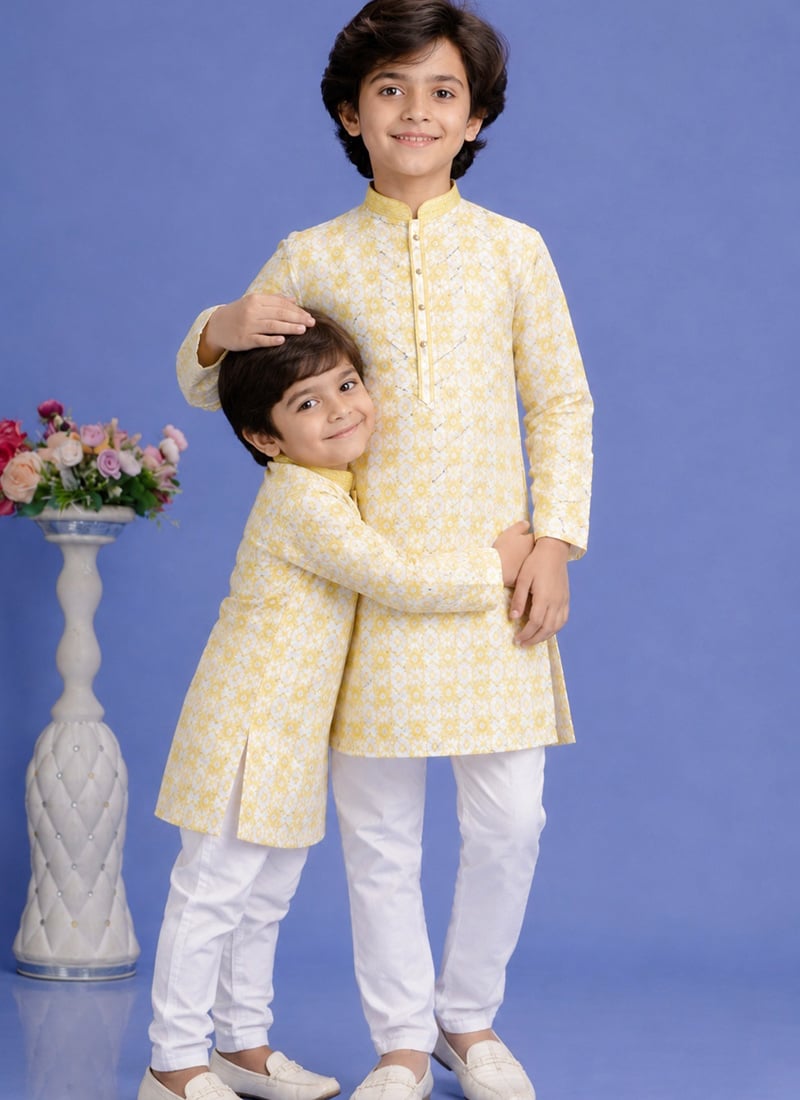 Yellow Cotton Printed Kurta Pyjama Set