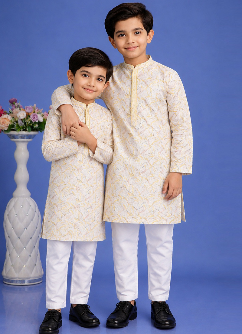Yellow Cotton Printed Kurta Pyjama Set