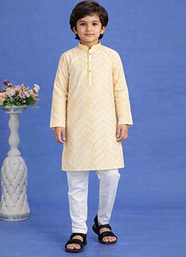 Yellow Cotton Printed Kurta Pyjama Set