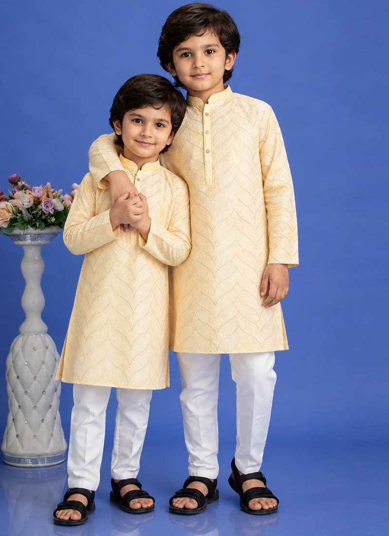 Yellow Cotton Printed Kurta Pyjama Set