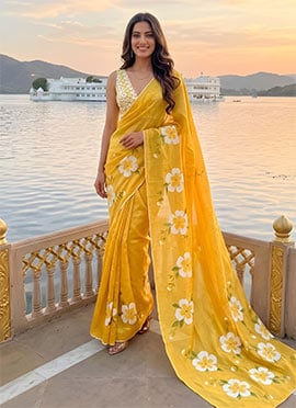 Yellow Cotton Printed Saree