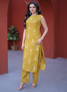 Yellow Cotton Printed Straight Pant Set