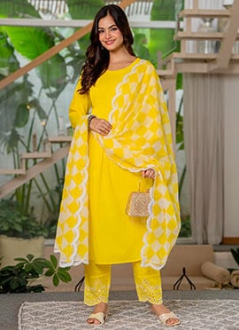 Yellow Cotton Printed Straight Pant Suit