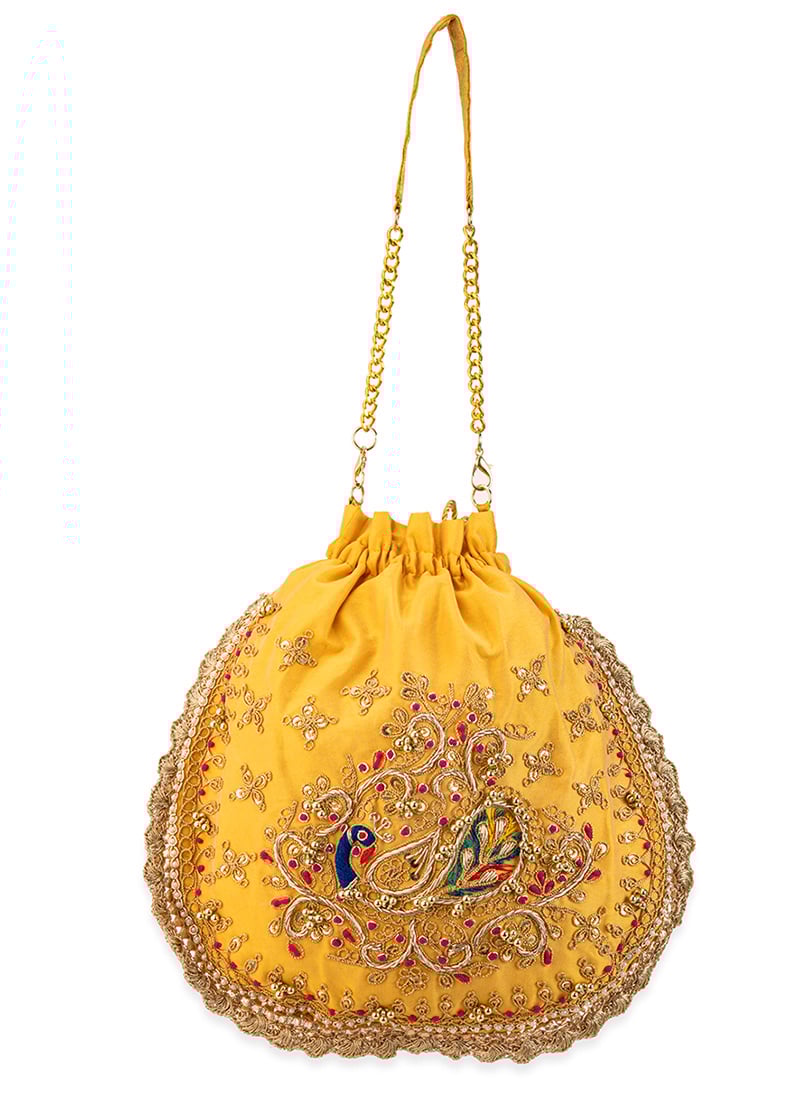 Yellow Cotton Sequins Moti Zari Potli Wedding Wear