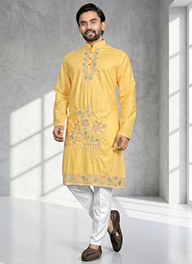 Yellow Cotton Silk Embroidered Mens Kurta