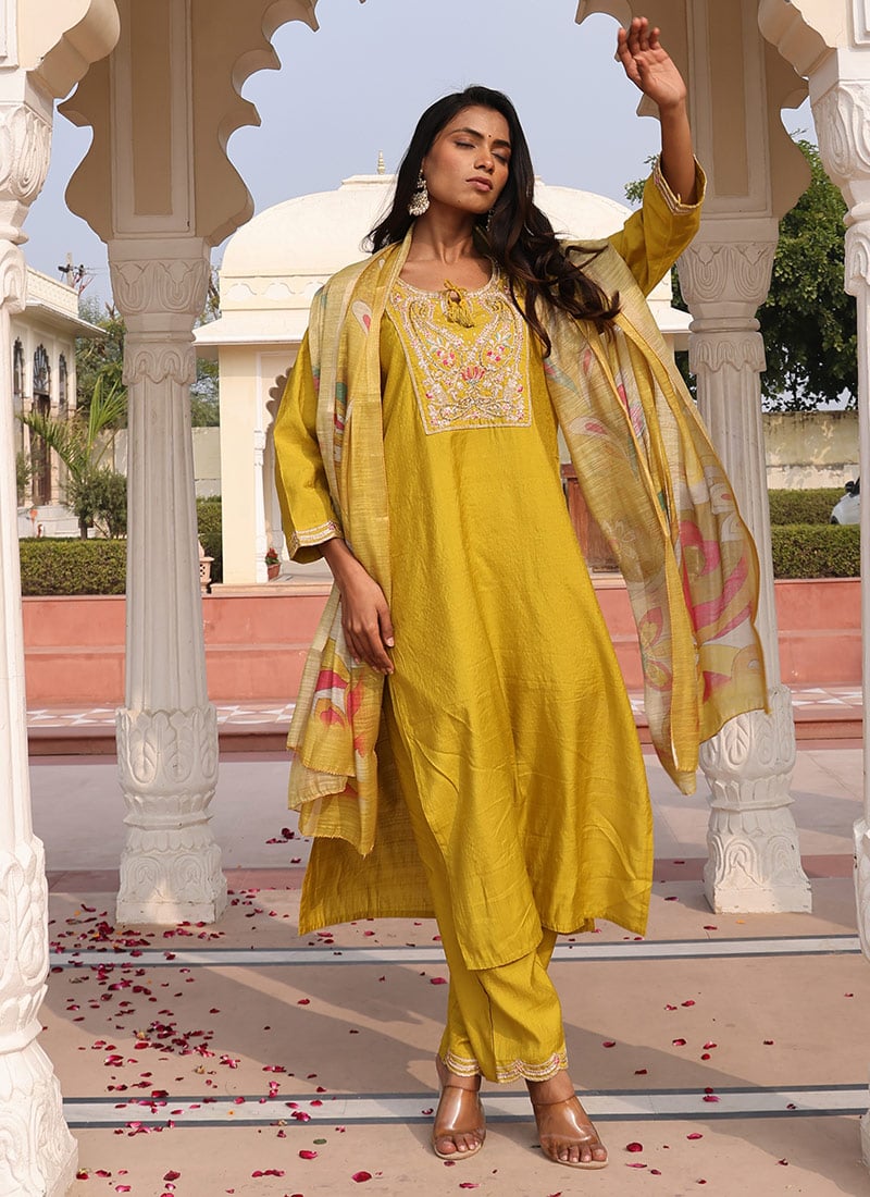 Yellow Cotton Silk Hand Work Sequins Straight Pant Suit With Jacquard Digital Print Dupatta Festive Wear