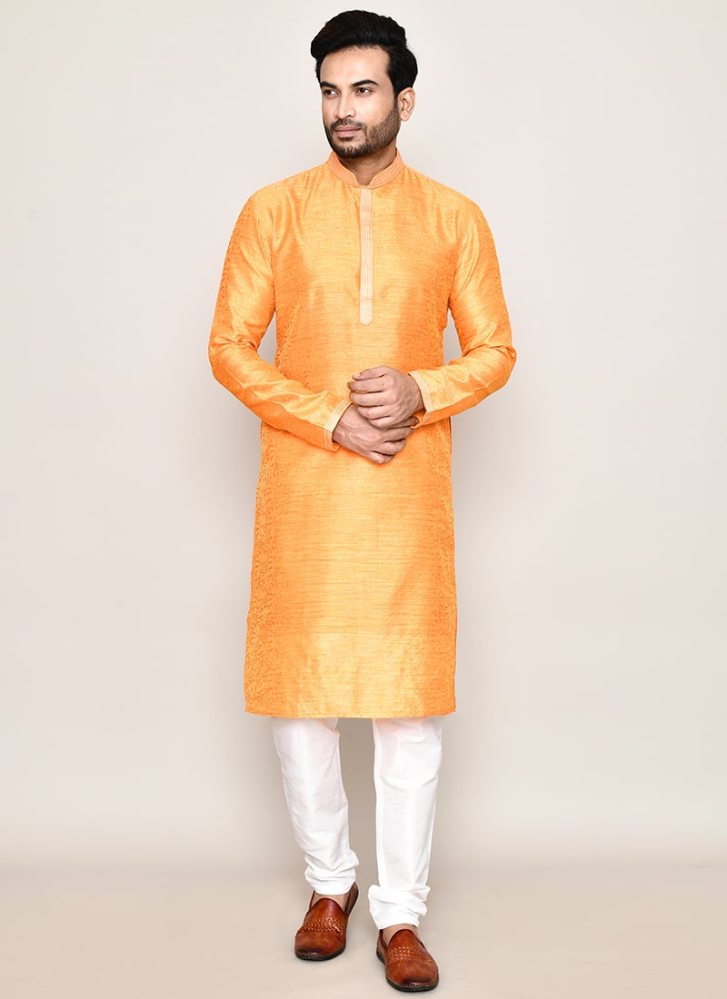 Yellow Cotton Silk Jacquard Kurta Pyjama Festive Wear