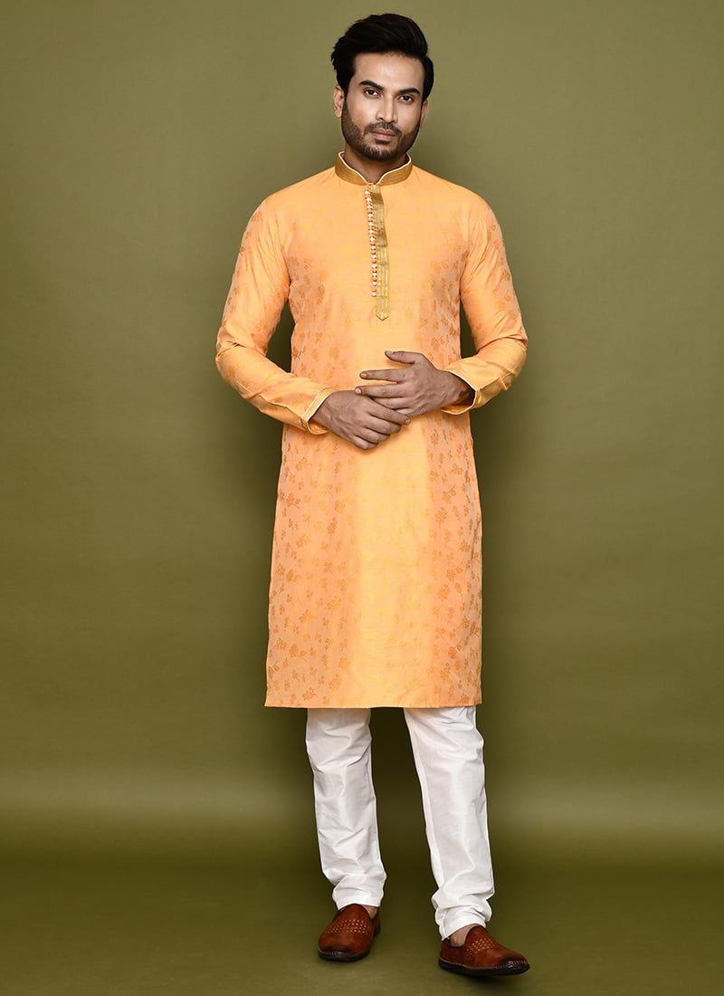 Yellow Cotton Silk Jacquard Kurta Pyjama