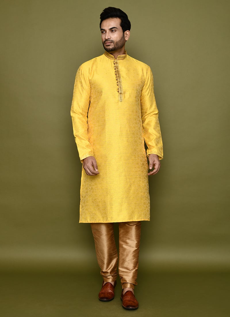 Yellow Cotton Silk Jacquard Kurta Pyjama Festive Wear