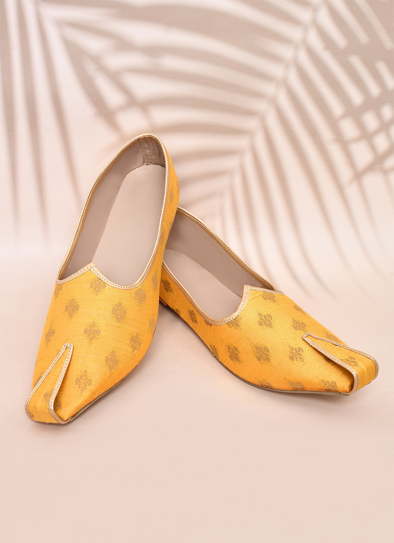 Yellow Cotton Silk Jacquard Mojri