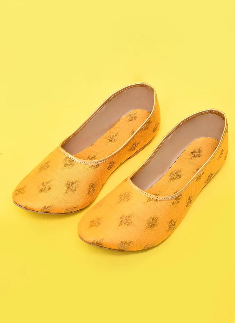 Yellow Cotton Silk Jacquard Party Wear Juti