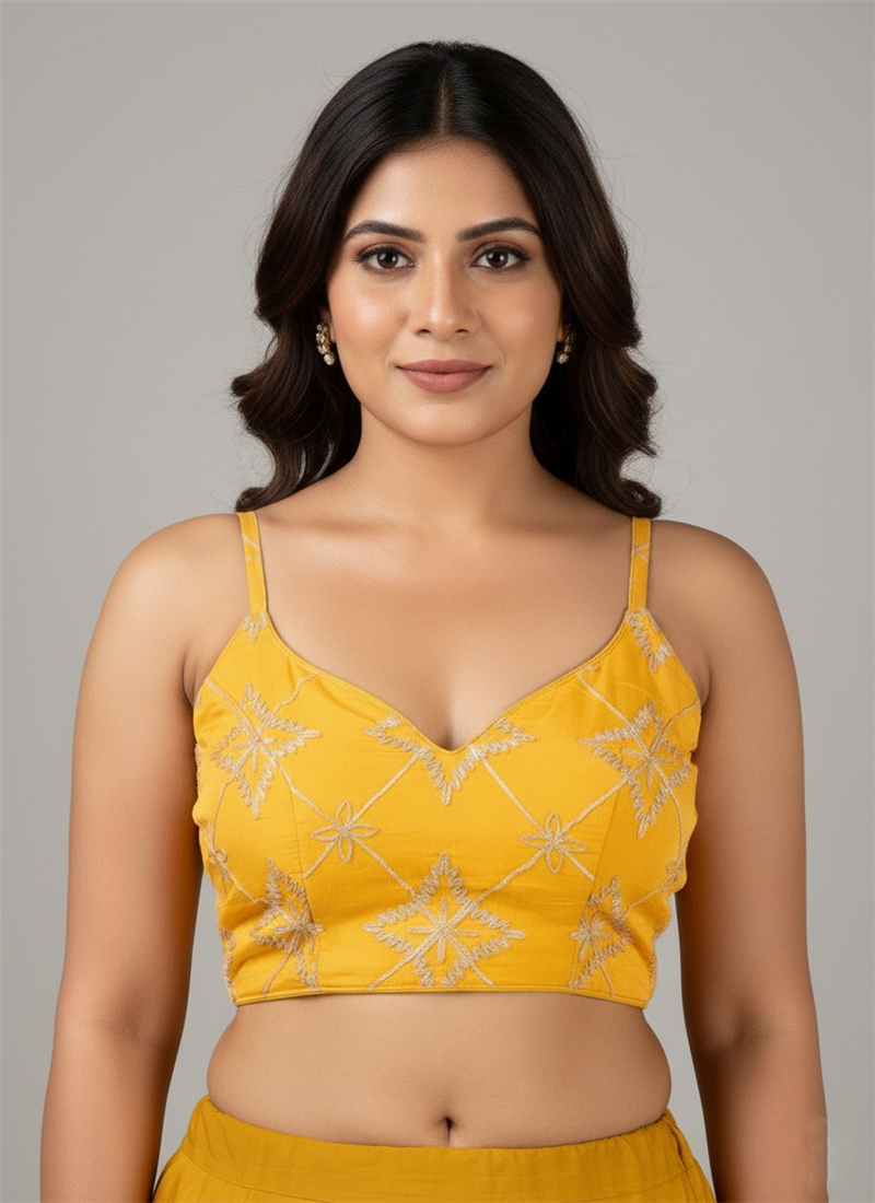 Yellow Cotton Spaghetti Fancy Blouse Festive Wear