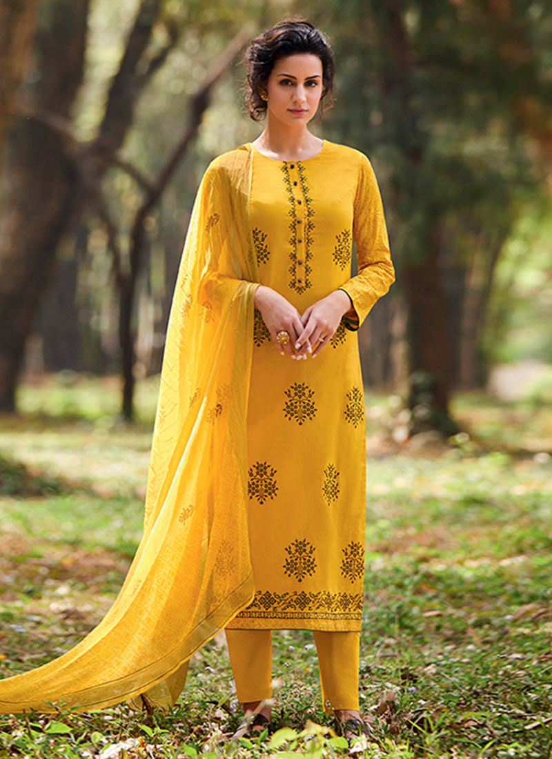 Buy Yellow Cotton Straight Pant Suit, straightpantsuit Online