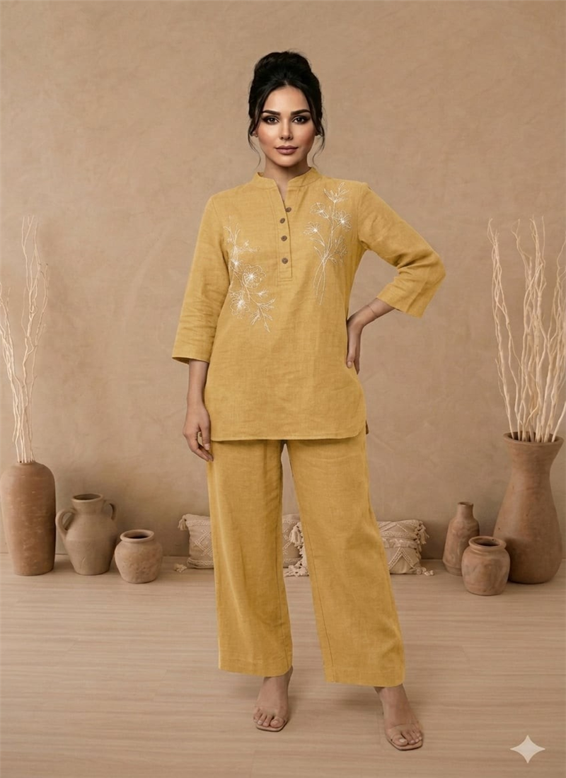 Yellow Cotton Thread Work Co Ord Set After Six Wear