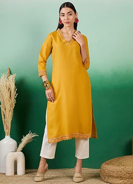 Yellow Cotton Thread Work Long Kurti