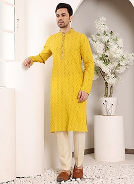 Yellow Cotton Woven Kurta For Men