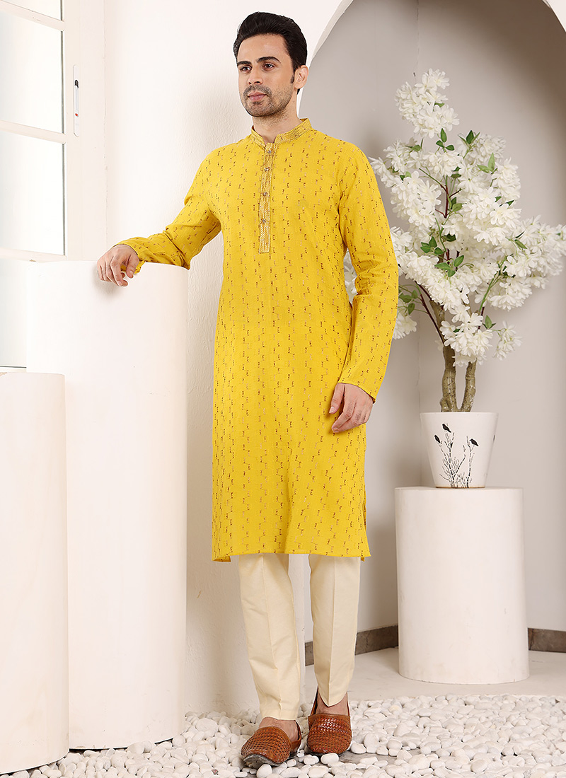 Yellow Cotton Woven Kurta For Men