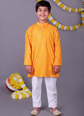 Yellow Cotton Zari Work Kids Boys Kurta Pyjama