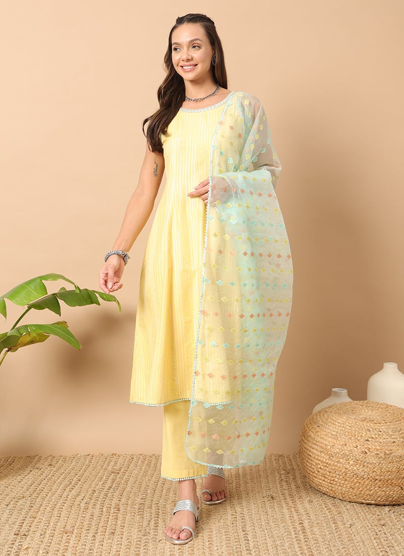 Yellow Cotton Zari Work Straight Pant Suit After Six Wear