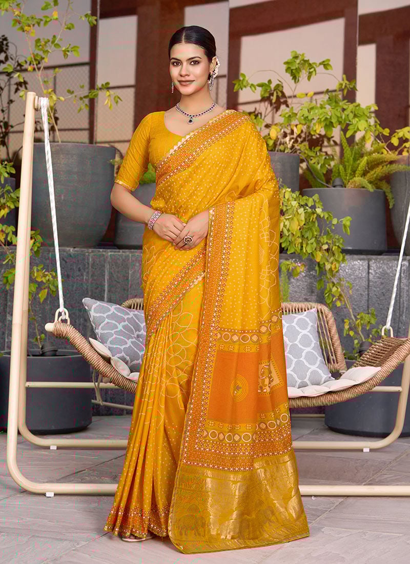 Yellow Cotton Zari Woven Foil Print Saree Festive Wear