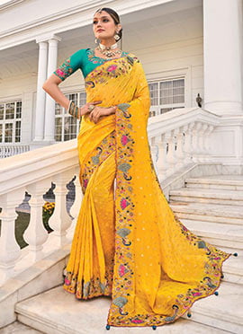 Yellow Crepe Embroidered Sequins With Beads Work Saree
