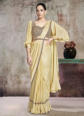 Yellow Crepe Satin Silk Hand Embroidered Pre Draped Saree