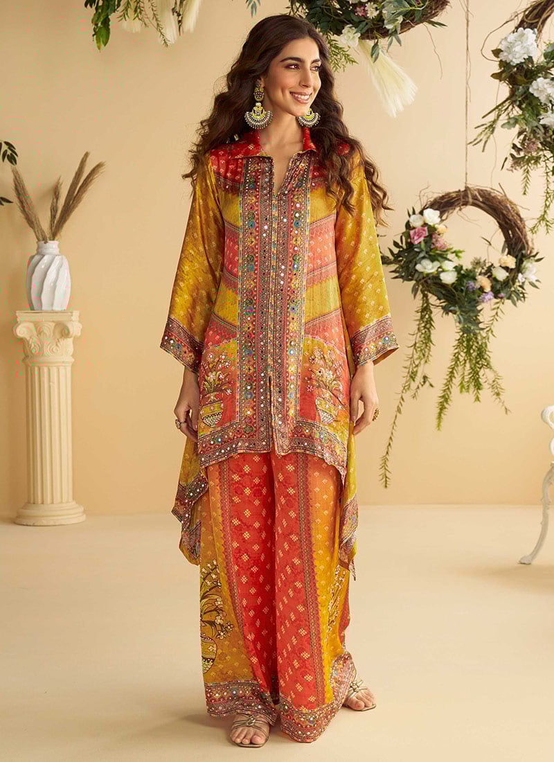 Yellow Crepe Silk Mirror Work And Digital Print Co ord Sets